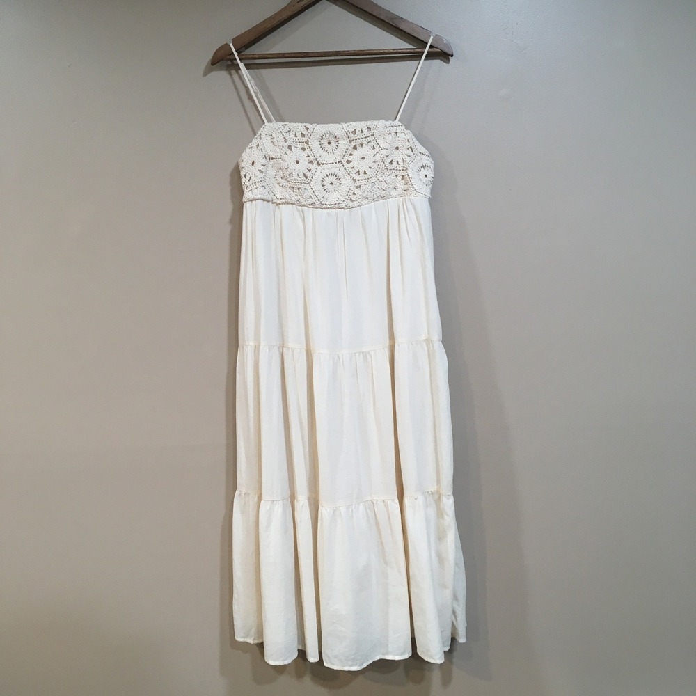 Francescas Crochet Tiered Midi Dress Womens M Cream Cottage Feminine Romantic